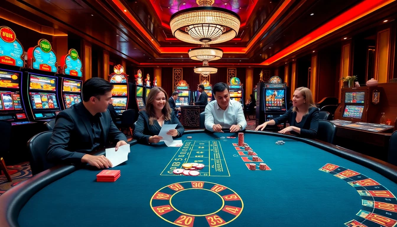 BET88 players immersed in a high-stakes poker game at a vibrant casino table.