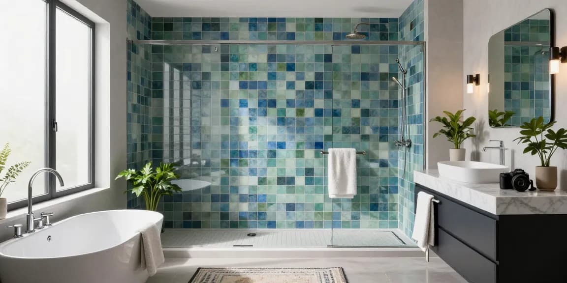 Elegante badkamer met luxe badkamertegels in kalmerende kleuren, stijlvolle armaturen en natuurlijk licht.