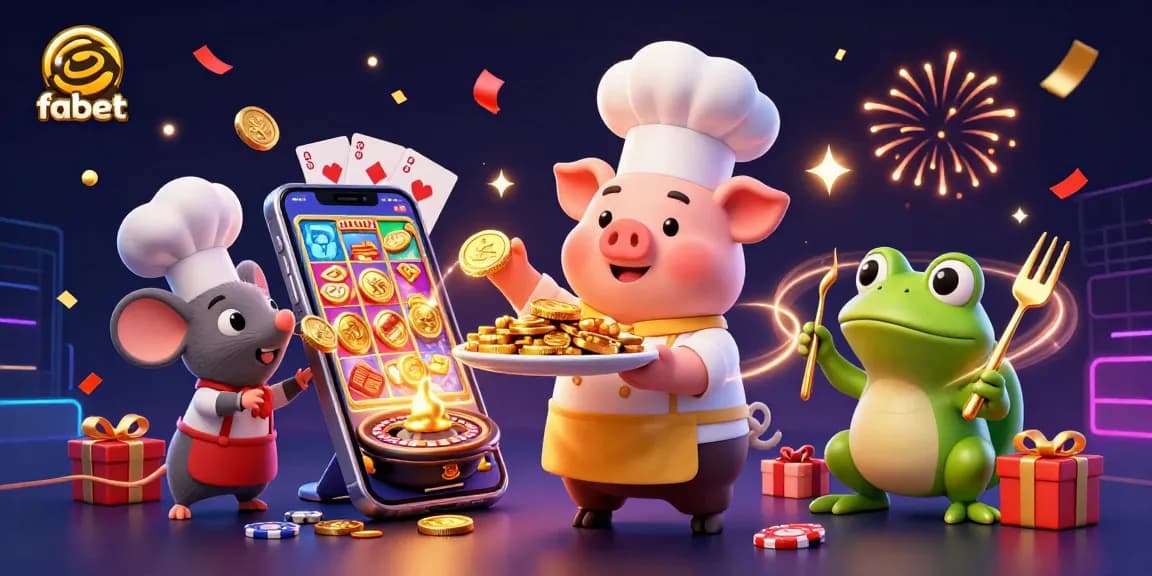 Engage with fabet's thrilling gaming experience featuring colorful slots, gold coins, and animated characters.