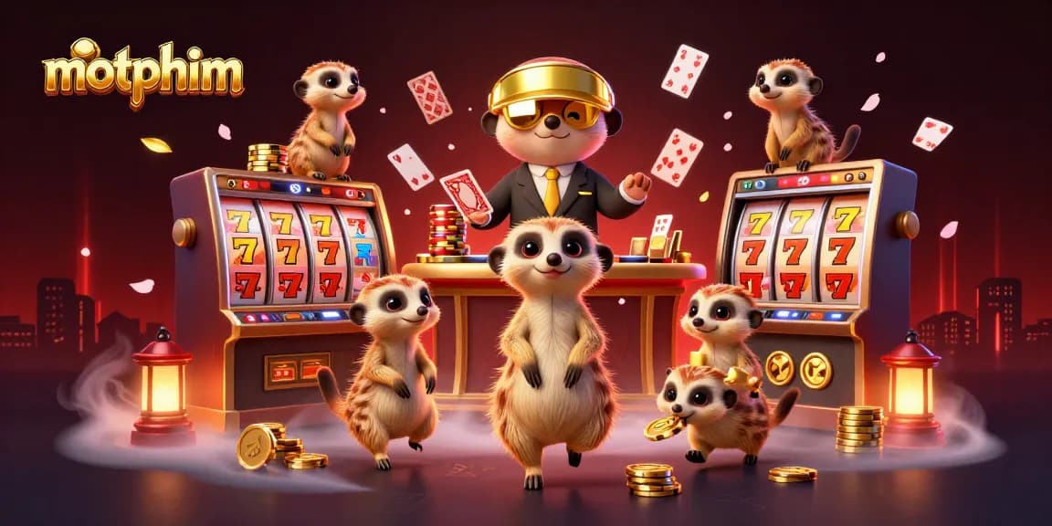 Motphim showcases a lively casino scene with animated meerkats managing games and treasure, highlighting exciting gambling action.