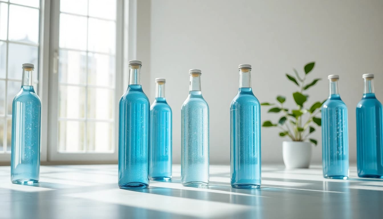 Kolloidales Silber kaufen: Elegante Flaschen in einem hellen Raum präsentieren die Reinheit und Gesundheit.