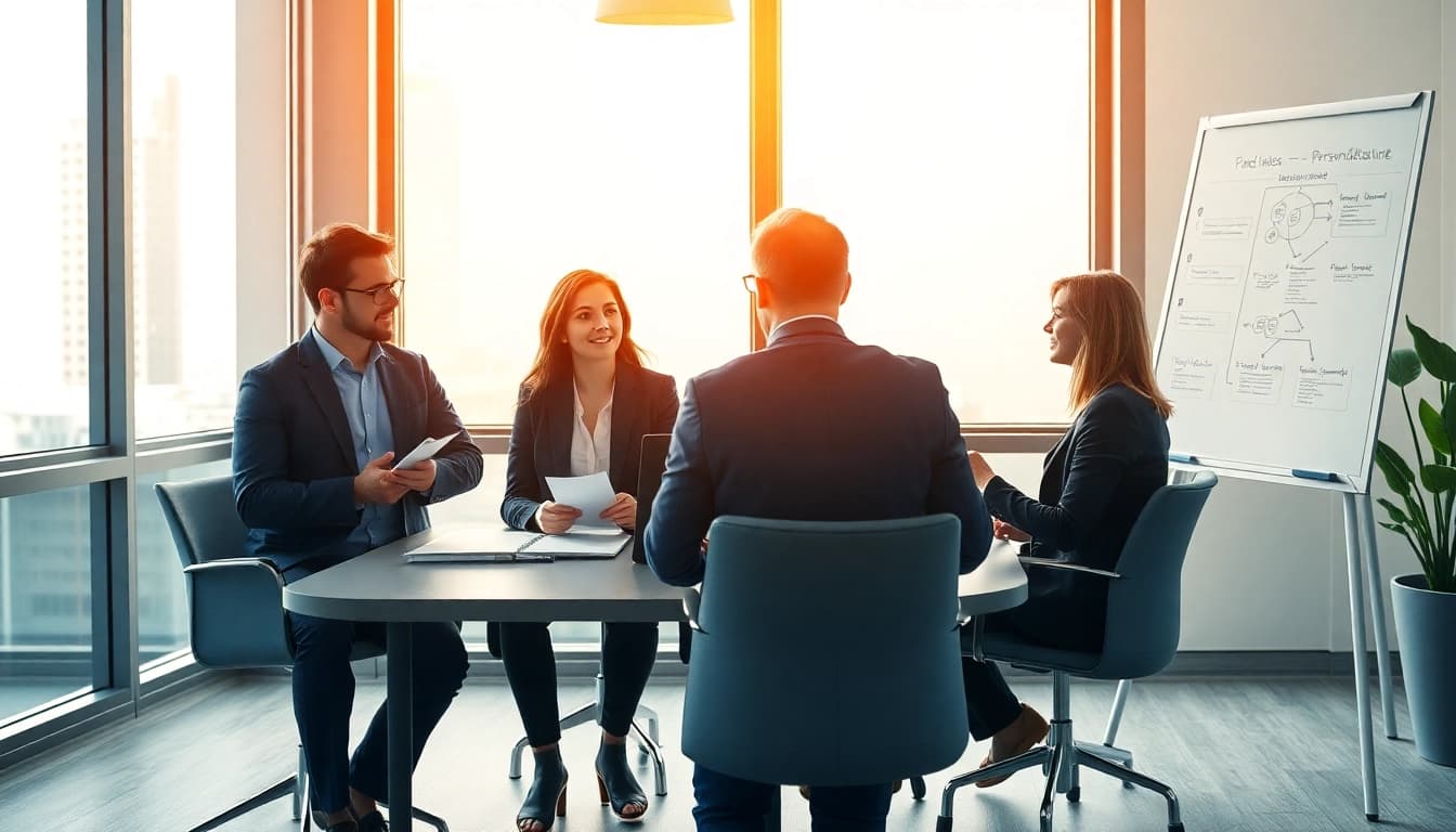 Illustration eines Teams, das aktiv an der Personalvermittlung arbeitet, in einem modernen Büro.