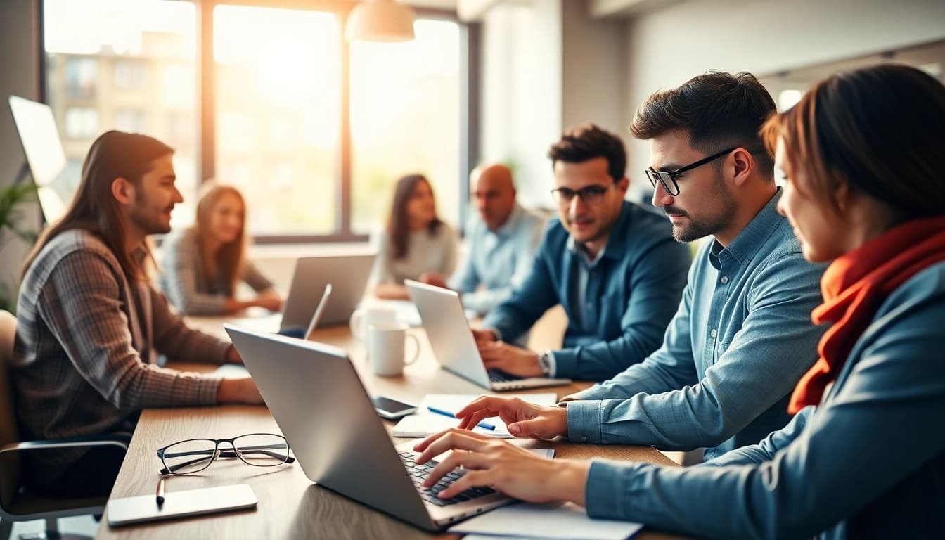 Software Hilfe bei Teamarbeit in modernem Büro, Menschen analysieren Lösungen.