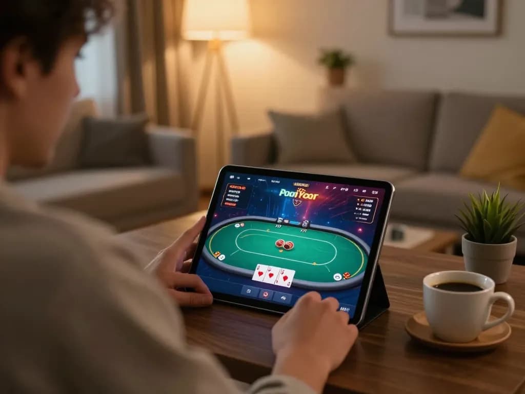 Engaged player enjoying TV88 poker game on tablet in cozy home setting