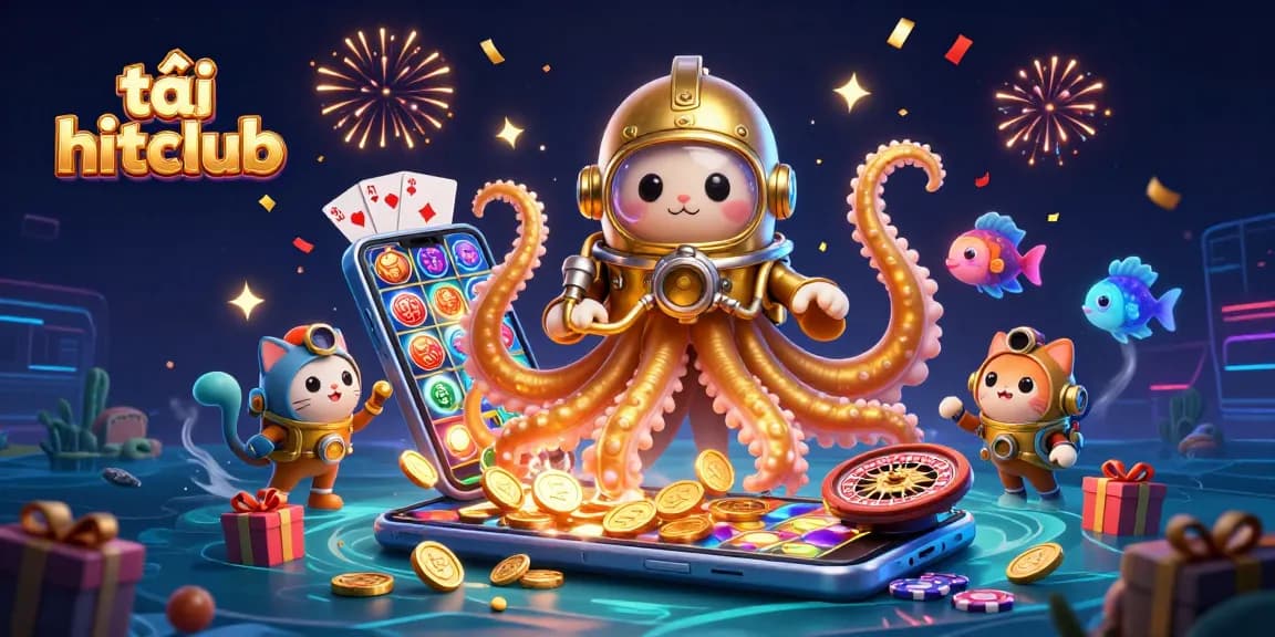 Play exciting games and tải hitclub with a vibrant 3D casino scene featuring a golden kraken and diving cat.