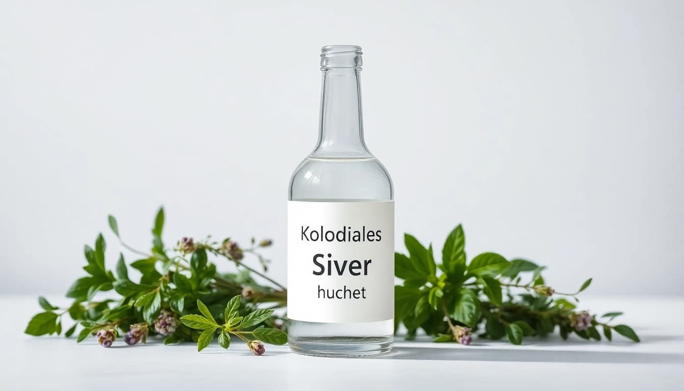 Kolloidales Silber kaufen – Premium colloidal silver bottle with herbal accents, highlighting purity and health.