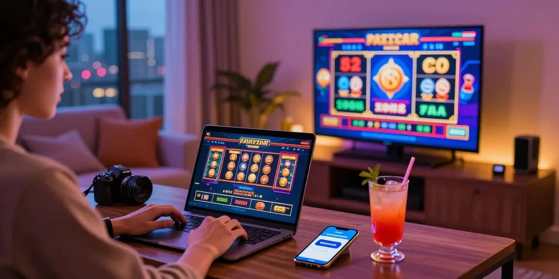 Ein Paysafe Card Casino Spieler, der zu Hause ein lebhaftes Spielerlebnis mit Spielautomaten und Tischspielen genießt.