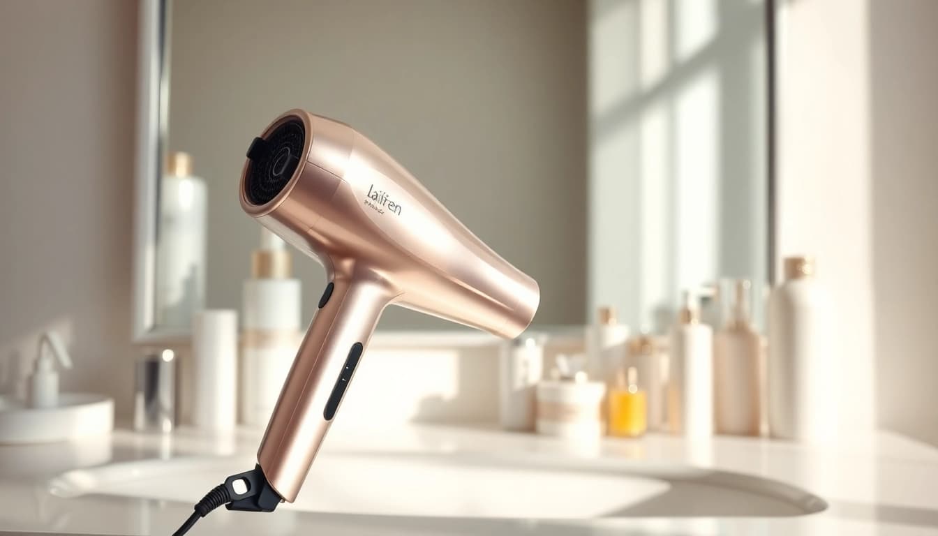 Die laifen haartrockner glänzt elegant auf einem minimalistischen Schminktisch.
