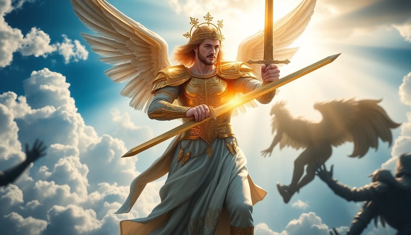 Erzengel Michael in a celestial battle, showcasing his radiant presence and divine armor.