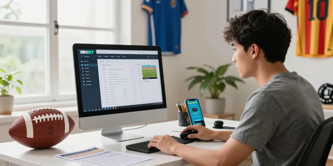 Penggemar sbobet mengakses platform taruhan olahraga di meja kerja modern dengan suasana ceria.