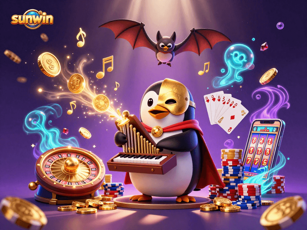 Experience the excitement of sunwin with a whimsical 3D scene featuring a penguin playing an organ that shoots coins.