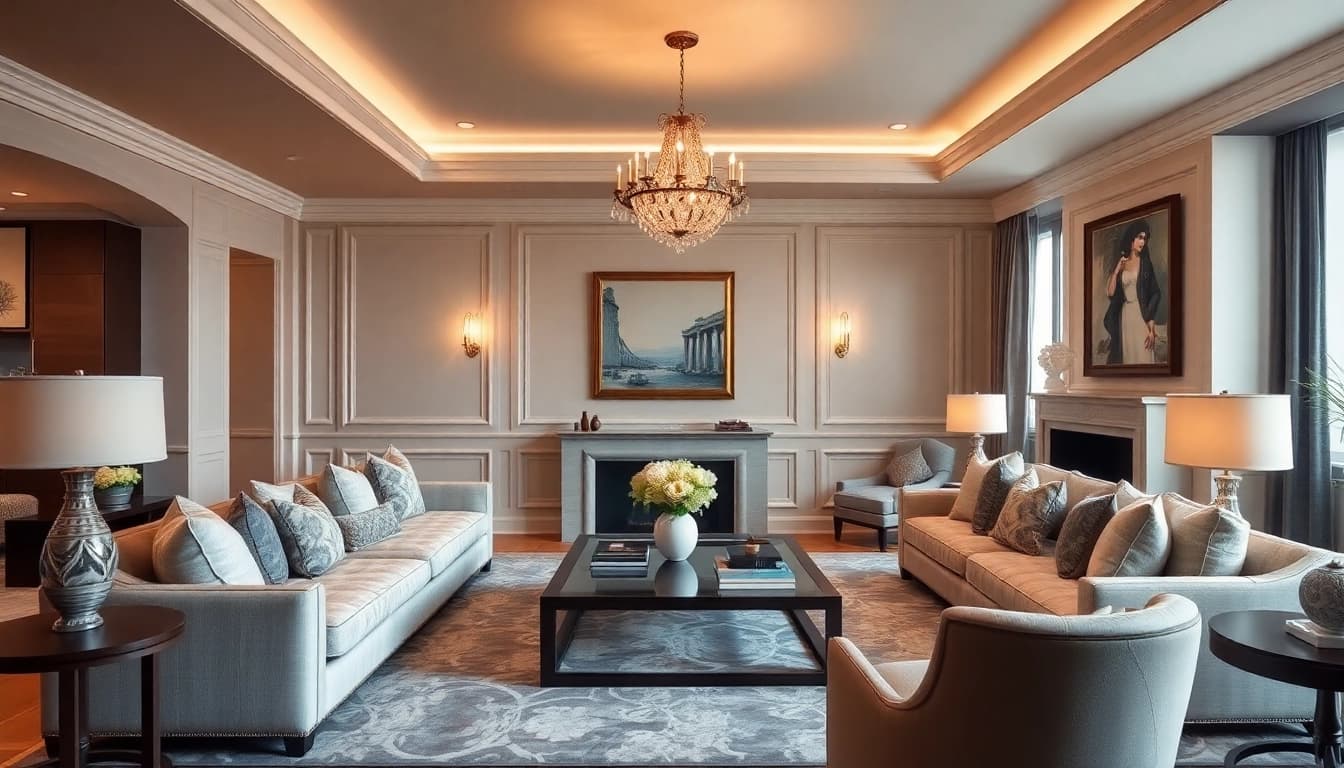 Luxury living space featuring elegant decor, warm lighting, and plush textures that invite relaxation.