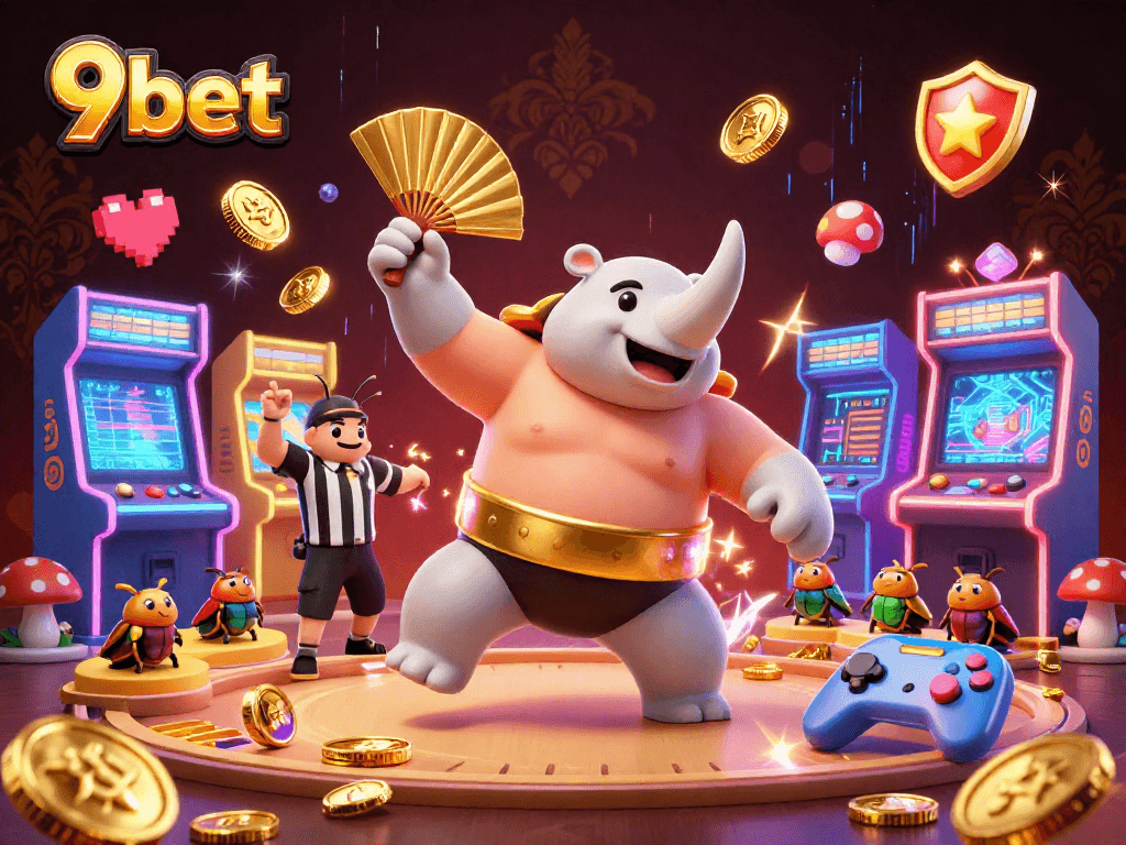 Experience thrilling wins at 9bet with a dynamic 3D illustration featuring exciting gaming elements.