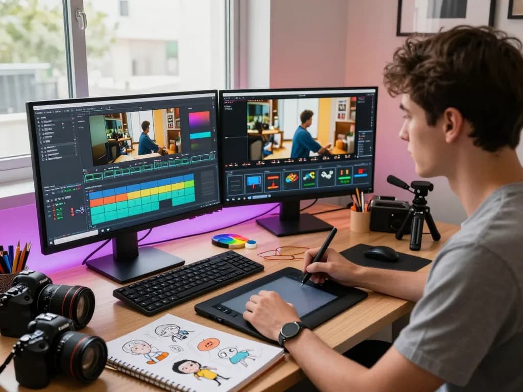 Video creator using motion control software in a vibrant editing studio.