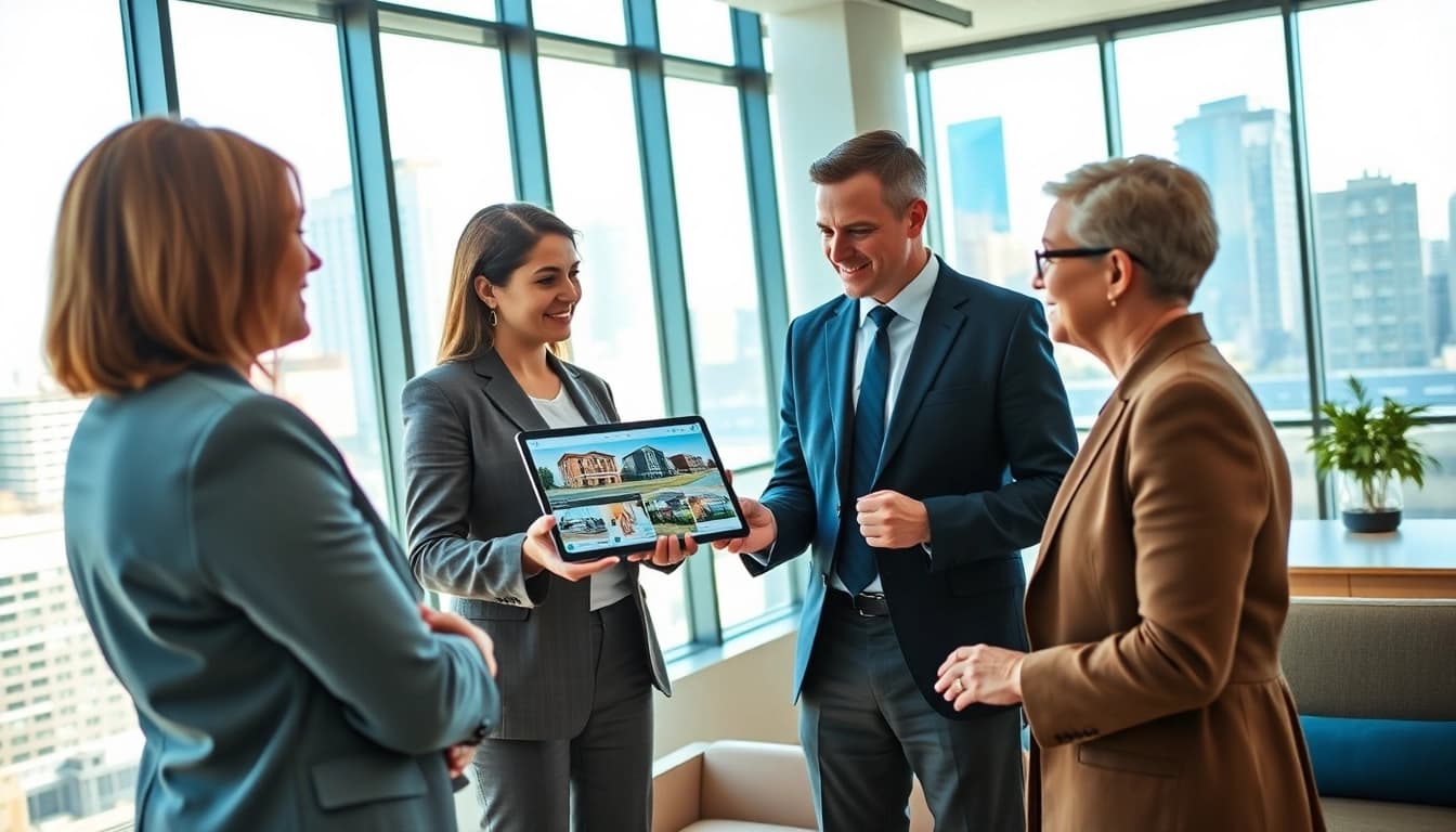 Immobilienmakler Frankfurt Eschersheim berät Kunden in einem modernen Büro mit schöner Aussicht.