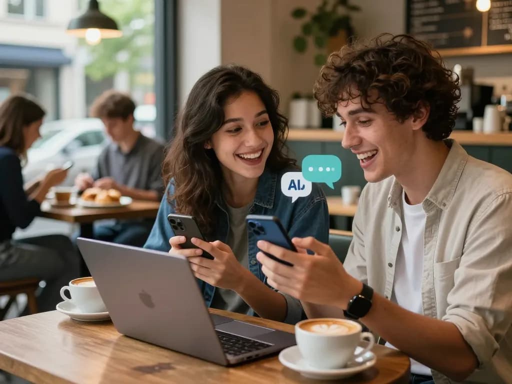 Couple engaging in playful sexting ai conversations at a coffee shop.