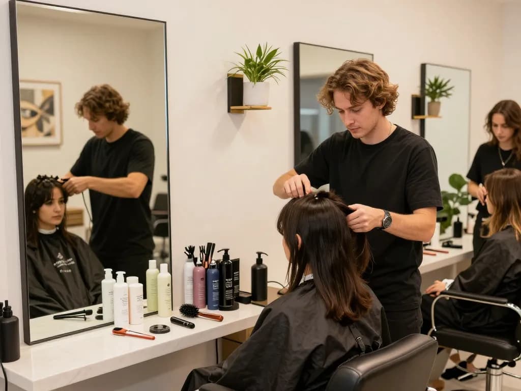 salão de cabelo apresentando um estilista aprimorando o penteado de um cliente em um salão vibrante e moderno