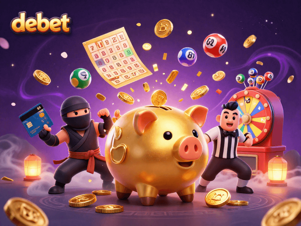 Experience the excitement of debet with a golden piggy bank sumo wrestler amidst lively casino elements.