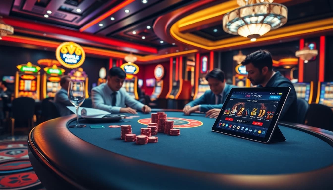 Players enjoying a thrilling game at 789club poker table, showcasing excitement and luxury in a casino atmosphere.