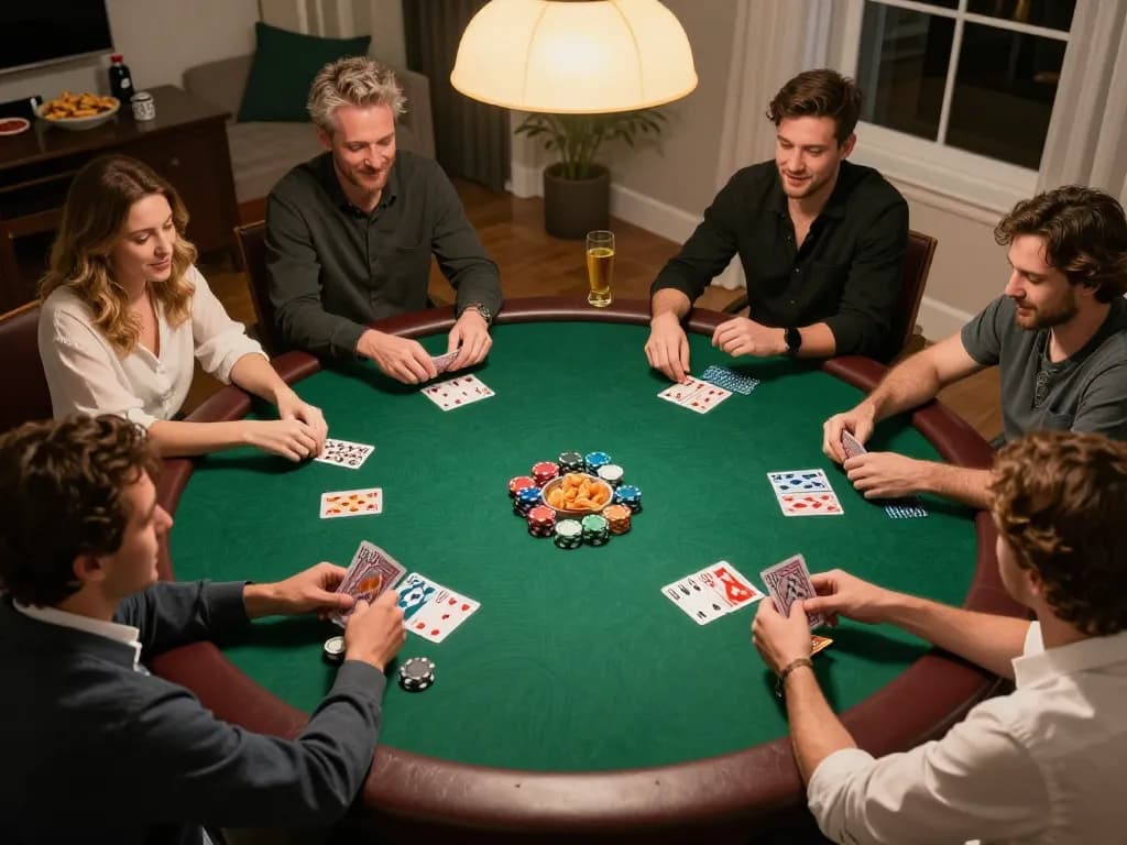 Player's hand holding cards during home game night, showcasing a KI Detektor deutsch experience with social interaction and strategy