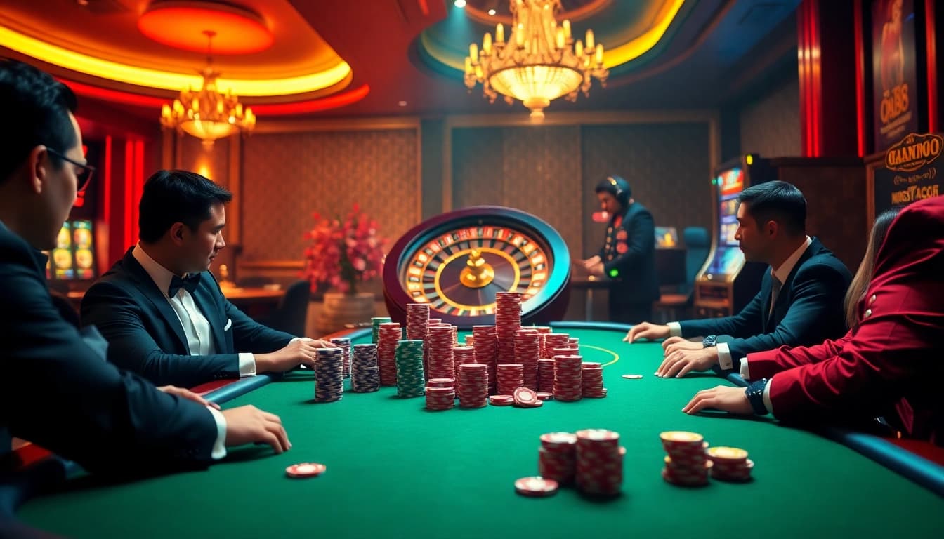 Experience excitement at the qh88 casino table with vibrant poker action and colorful chips.