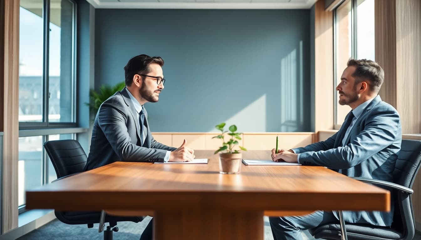 Headhunter CEO führt ein informatives Gespräch mit einem Kandidaten in einem modernen Büro.