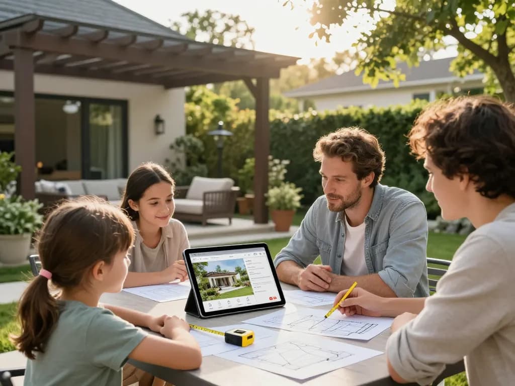 Interaktiver Pergola Konfigurator, der von einer Familie genutzt wird, um ihren idealen Wohnraum im Freien zu gestalten.