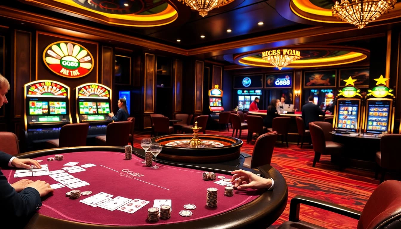 Experience thrilling GG88 gameplay in a luxurious casino ambiance with poker and slot machines.