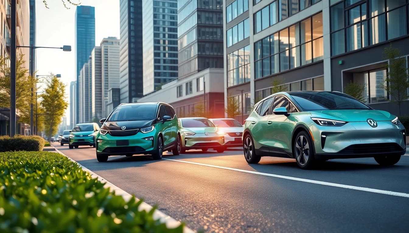 Elektroautos präsentieren innovative Designs vor einer urbanen Kulisse.