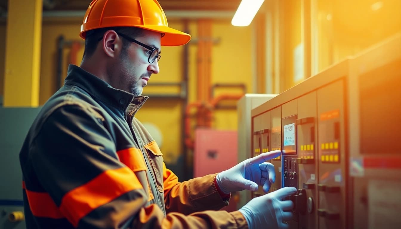 Technician performing a DGUV V3 Prüfung on electrical equipment, ensuring workplace safety and compliance.