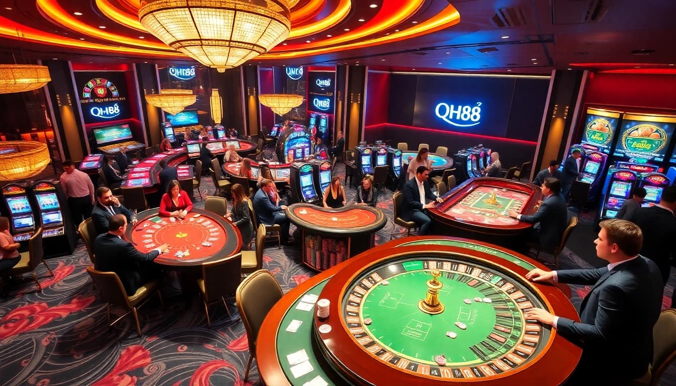 Betting scene at QH88 casino with vibrant tables and players enjoying various games.