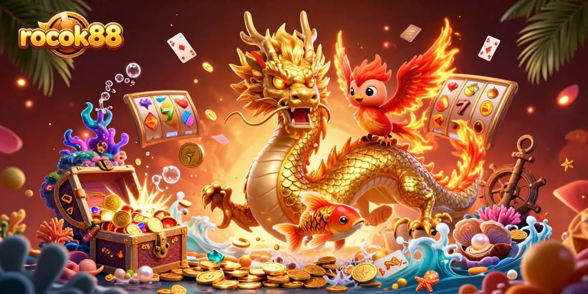 Experience the thrills of rokok88 with a fierce Chinese dragon and magical creatures in a dynamic casino scene.