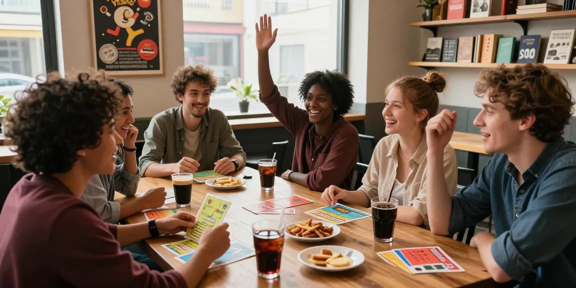 Quiz Allgemeinwissen in einem lebhaften Café mit Freunden, die Fragen diskutieren und Snacks genießen.