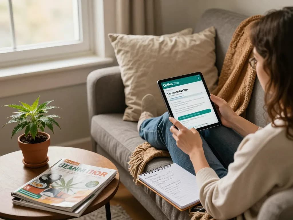Person, die ihr Online-Cannabisrezept in einer gemütlichen Ecke ihres Zuhauses überprüft, umgeben von Gesundheitsmagazinen und warmem Licht.