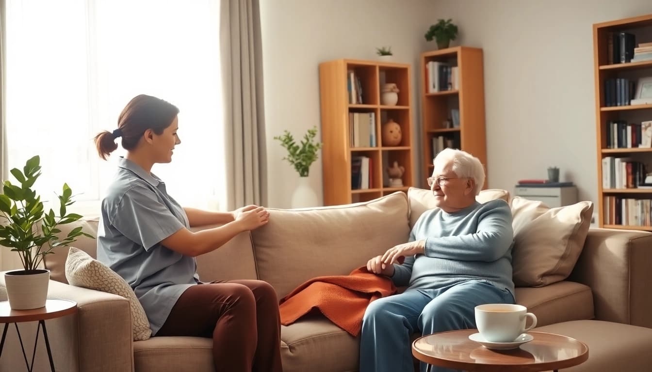 Pflegedienst Bornheim: Eine Pflegekraft hilft einem älteren Menschen in einem freundlichen Wohnraum.