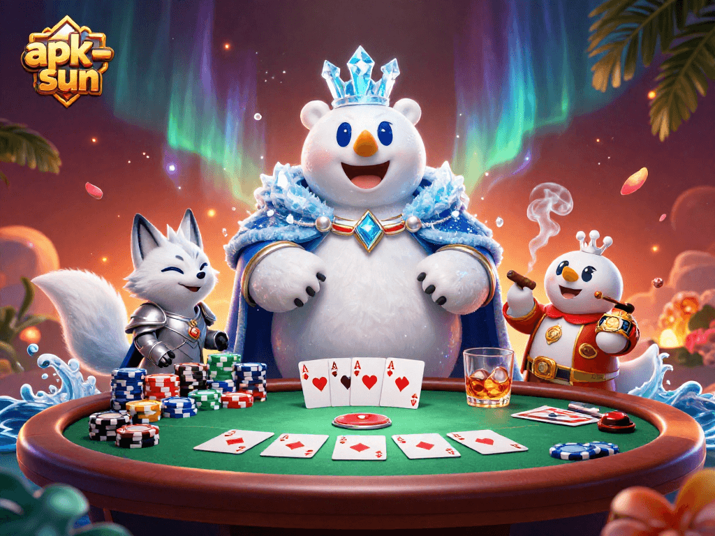 Experience winning with apk-sun's poker scene featuring royal characters and vibrant casino elements.