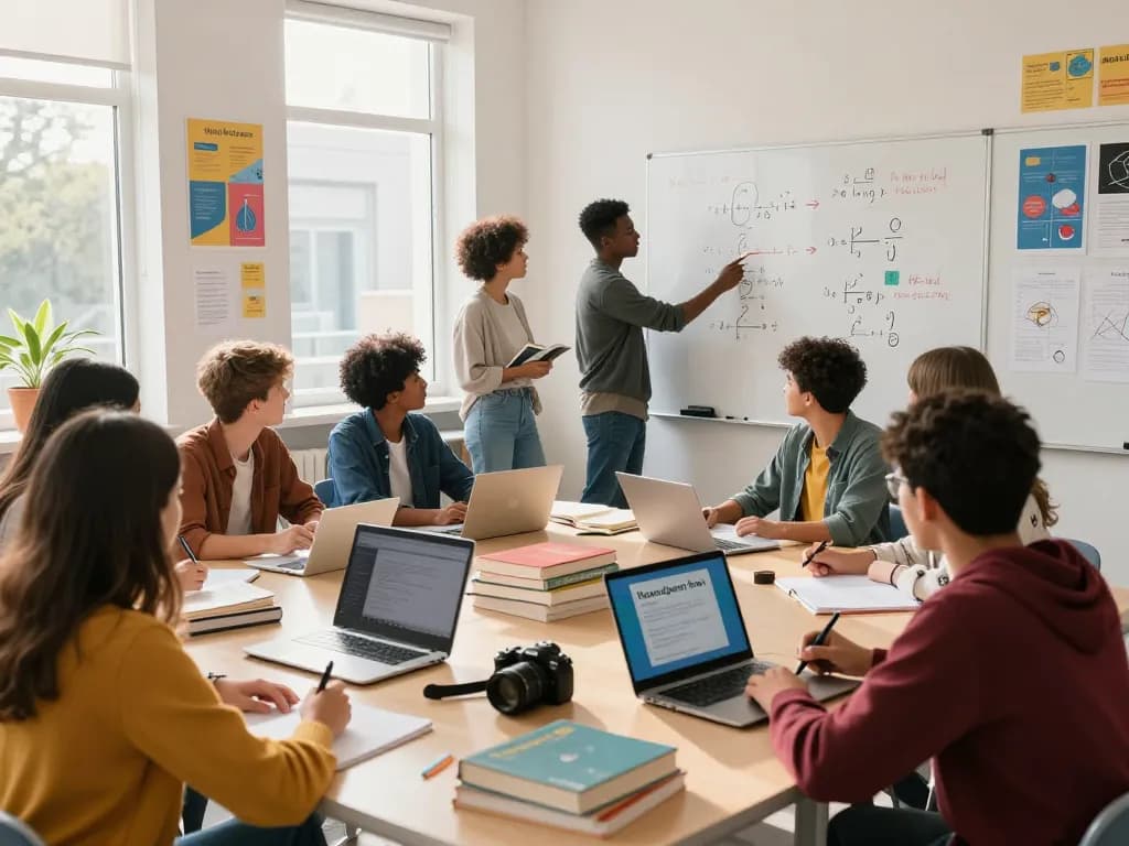 Studierende arbeiten zusammen, um Hausaufgaben in einem hellen Klassenzimmer mit ansprechenden Lernmaterialien zu lösen.