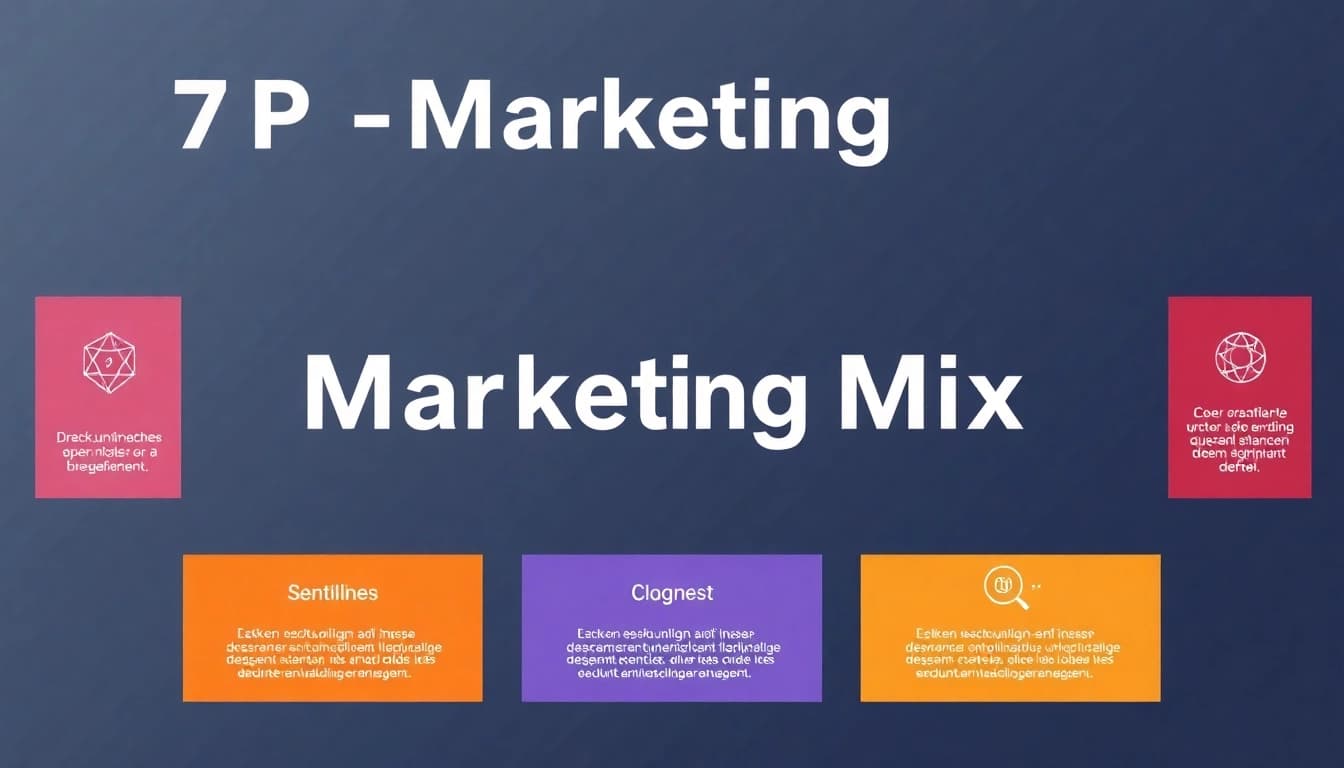 Grafik des 7P-Marketing-Mix, die die Konzepte Produkte, Preis, Platz, Promotion, Menschen, Prozesse und physische Beweise darstellt.