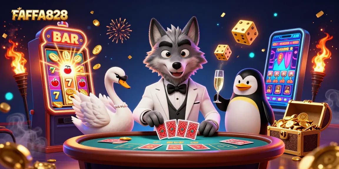 FAFA828 showcases a vibrant 3D casino scene with a debonair wolf, elegant swan, and penguin at a baccarat table.