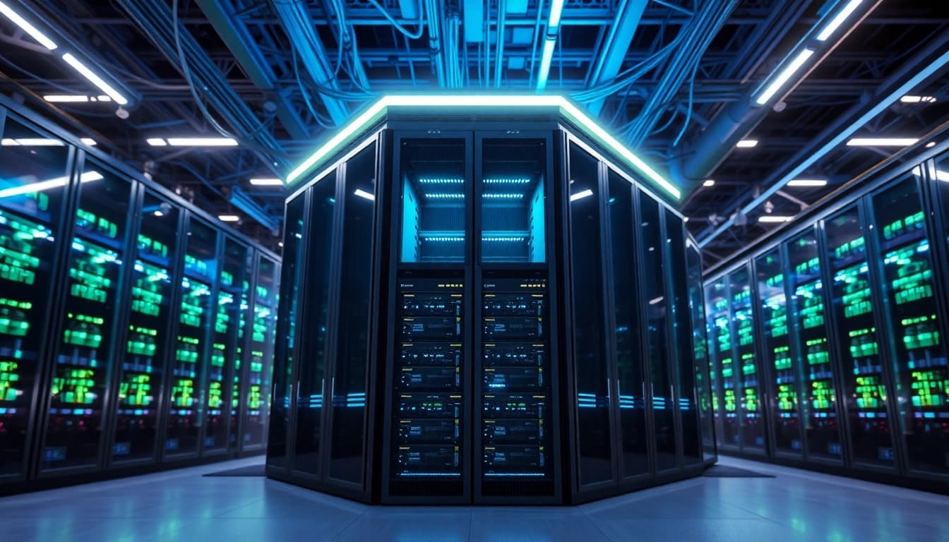 Visualisieren Sie die bahnbrechenden Windows Server 2025 Enterprise Features in einem modernen Rechenzentrum mit beeindruckenden Server-Racks und LED-Beleuchtung.