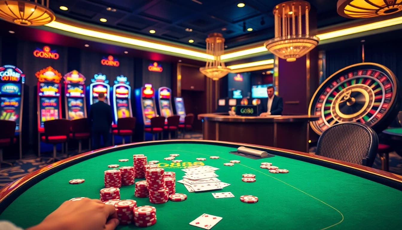 Experience Go88 excitement at a luxurious casino table with vibrant poker chips and cards.