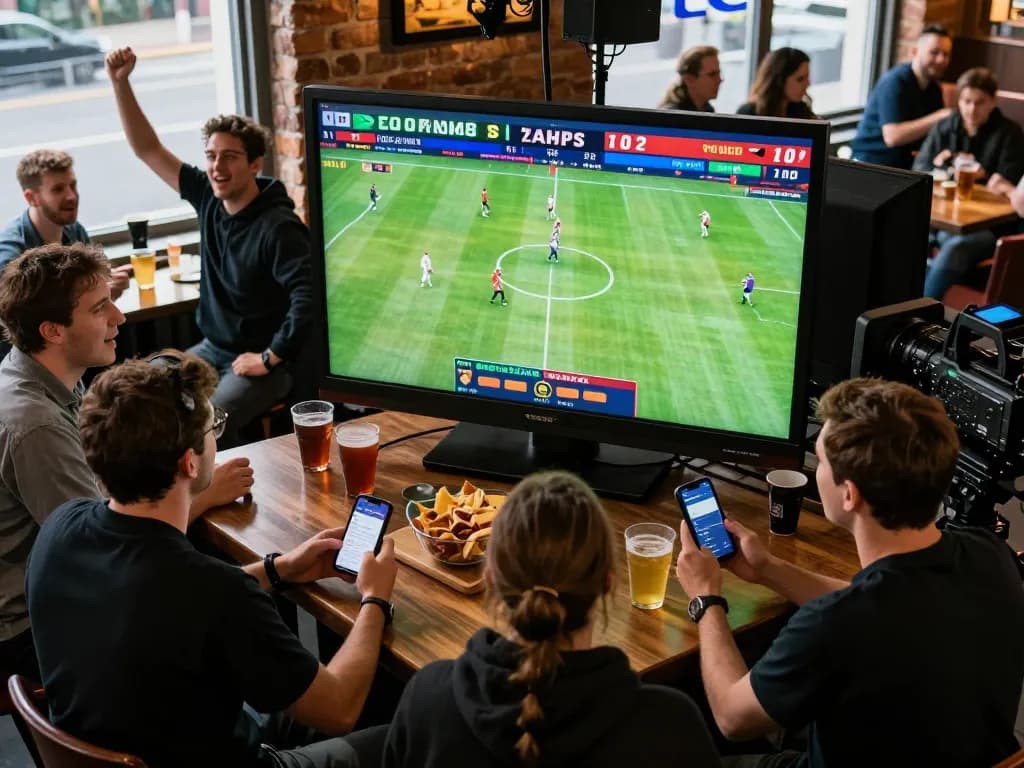 Players engaged in live sports betting with the 79sodoe app in a vibrant bar atmosphere.