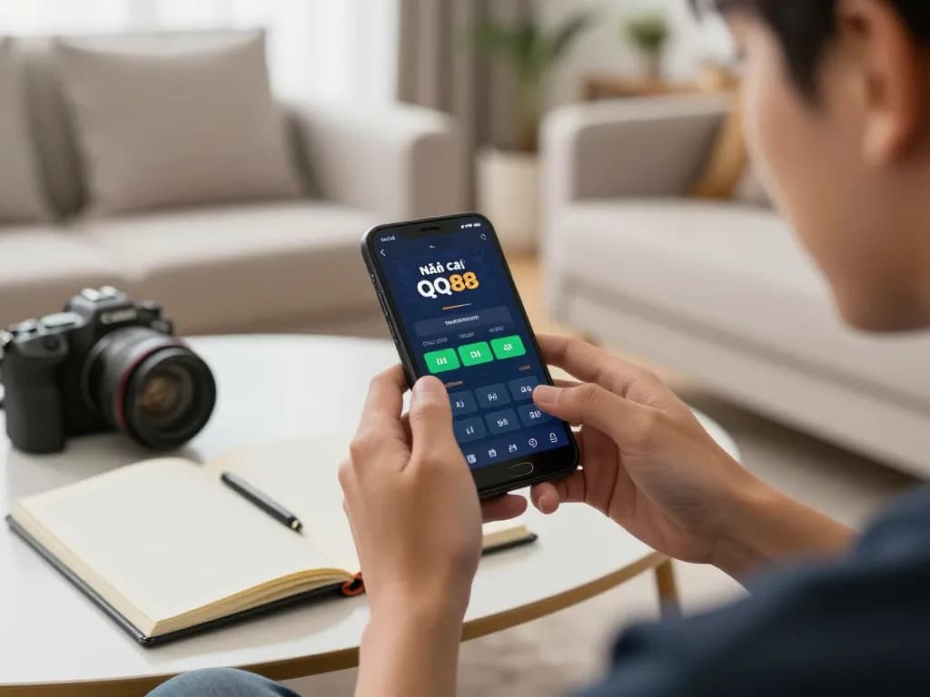Engaged player using the Nhà cái QQ88 app on a smartphone, showcasing strategic betting in a cozy home