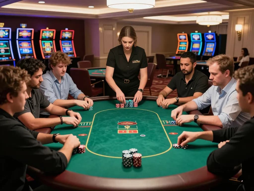 Engaged players at MK8 poker table strategizing bets in a vibrant casino atmosphere