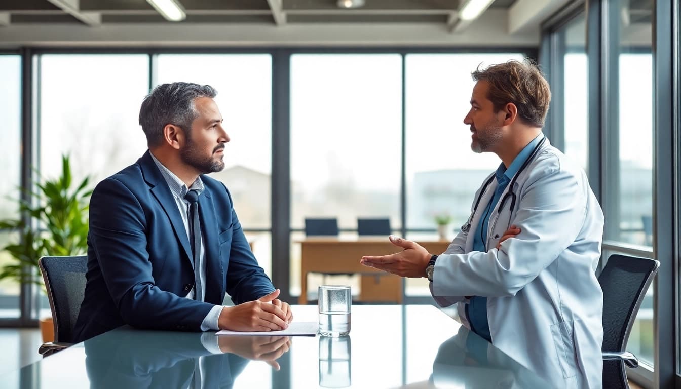 Headhunter Gesundheitswesen berät einen Arzt in einer modernen Büroumgebung, um Vertrauen und Professionalität auszustrahlen.