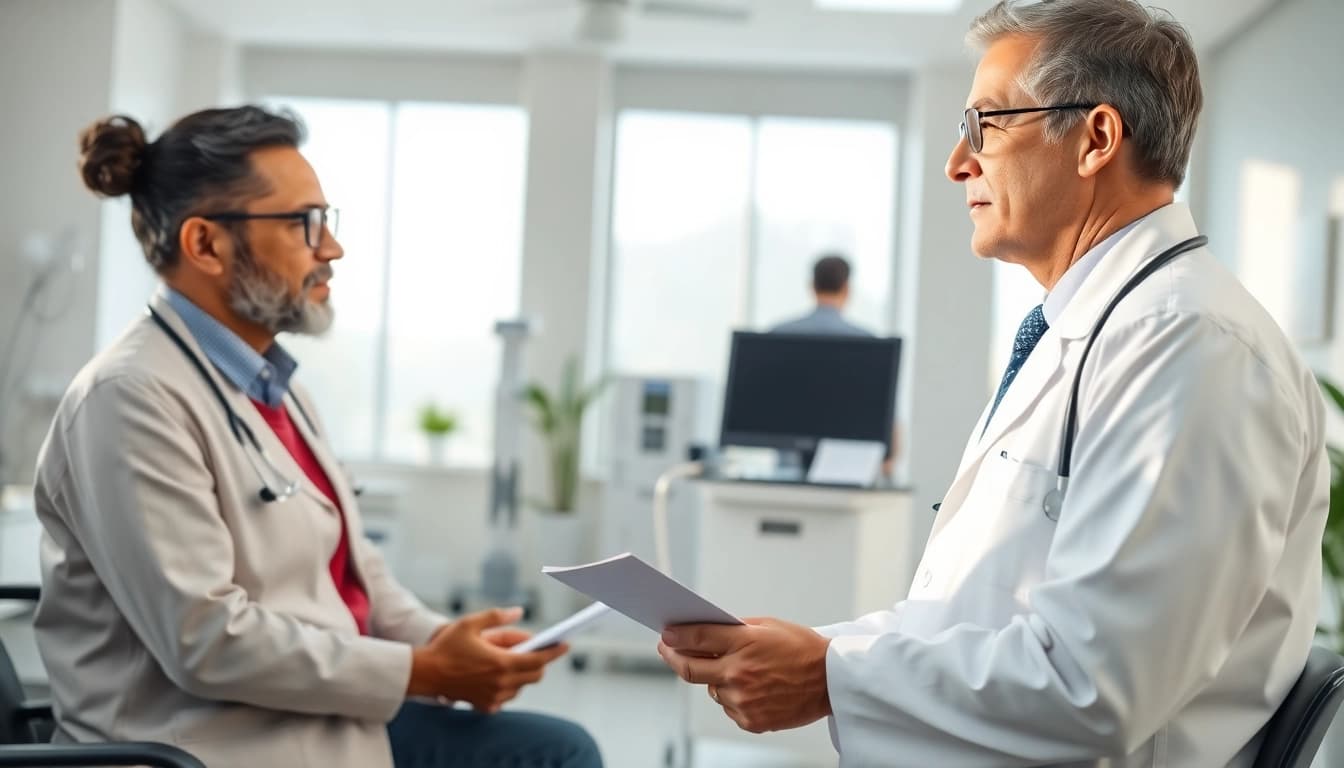 Beim Gespräch über die driada medical Behandlung erklärt ein Arzt einem Patienten die notwendigen Schritte.