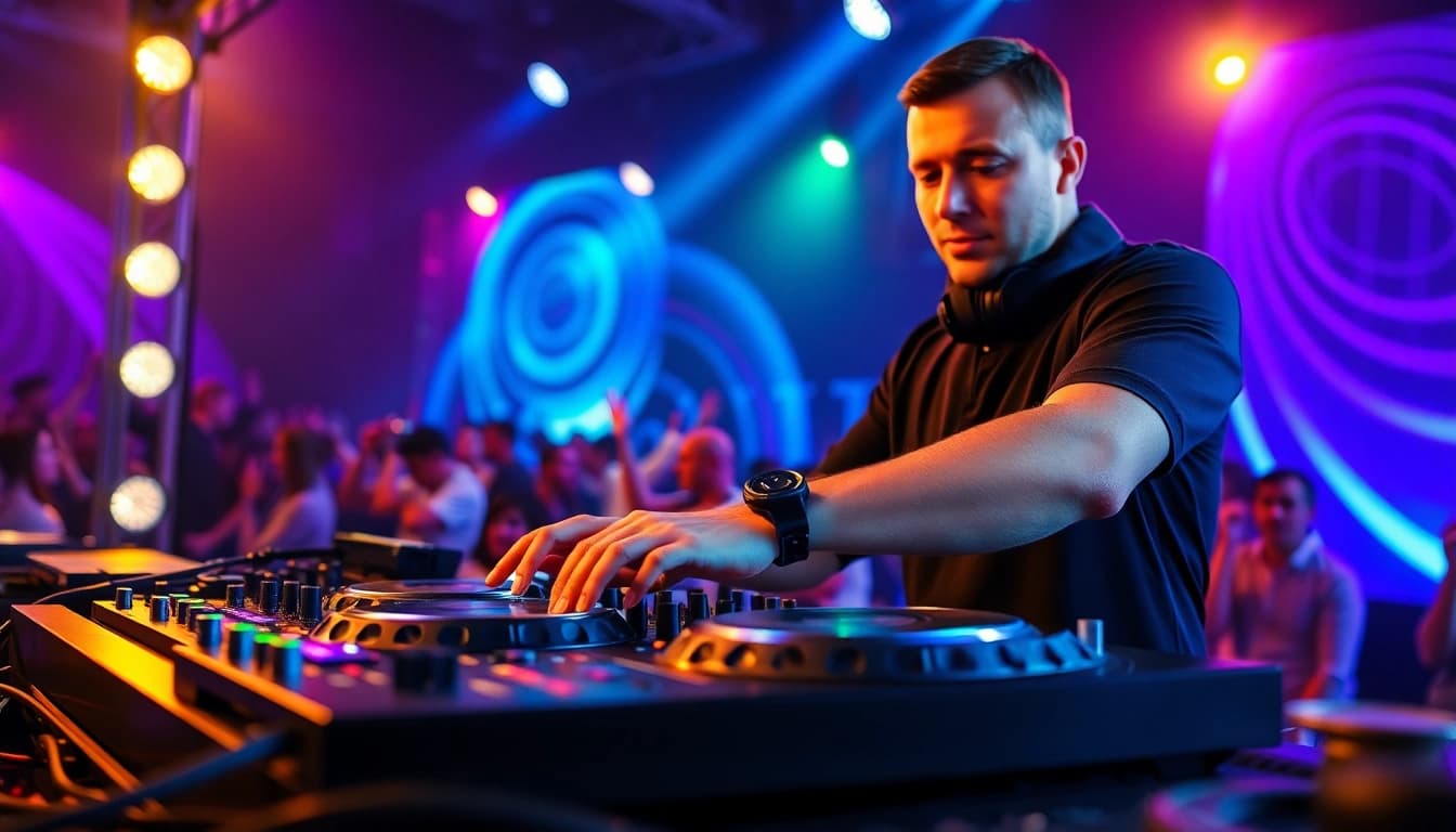 DJ in München begeistert das Publikum mit beeindruckenden Beats während einer Live-Performance.