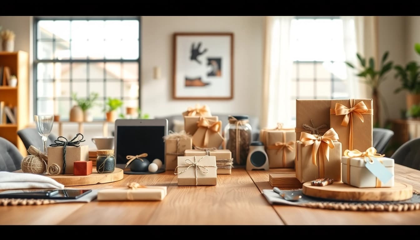 Originelle Geschenkideen auf einem stilvollen Holztisch präsentieren.