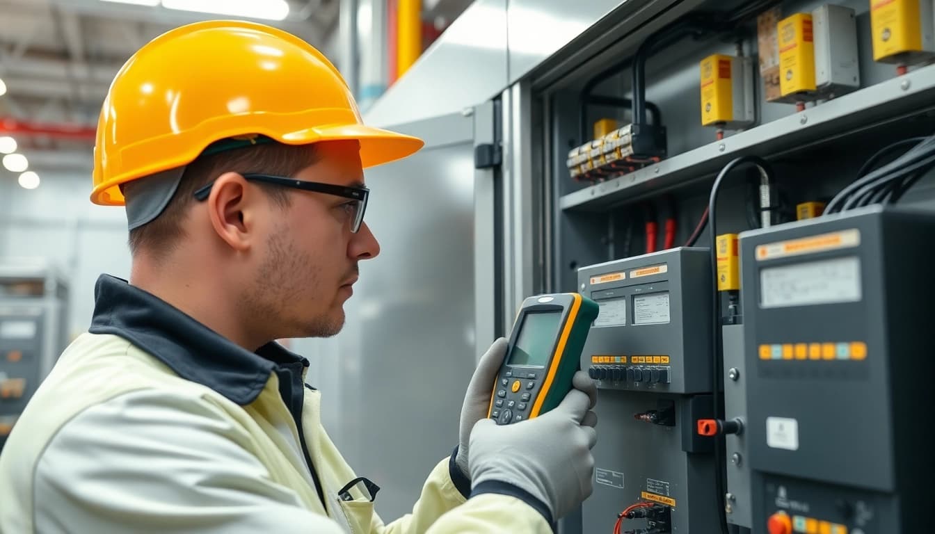 Technician performing a DGUV V3 Prüfung on electrical equipment to ensure workplace safety and compliance.