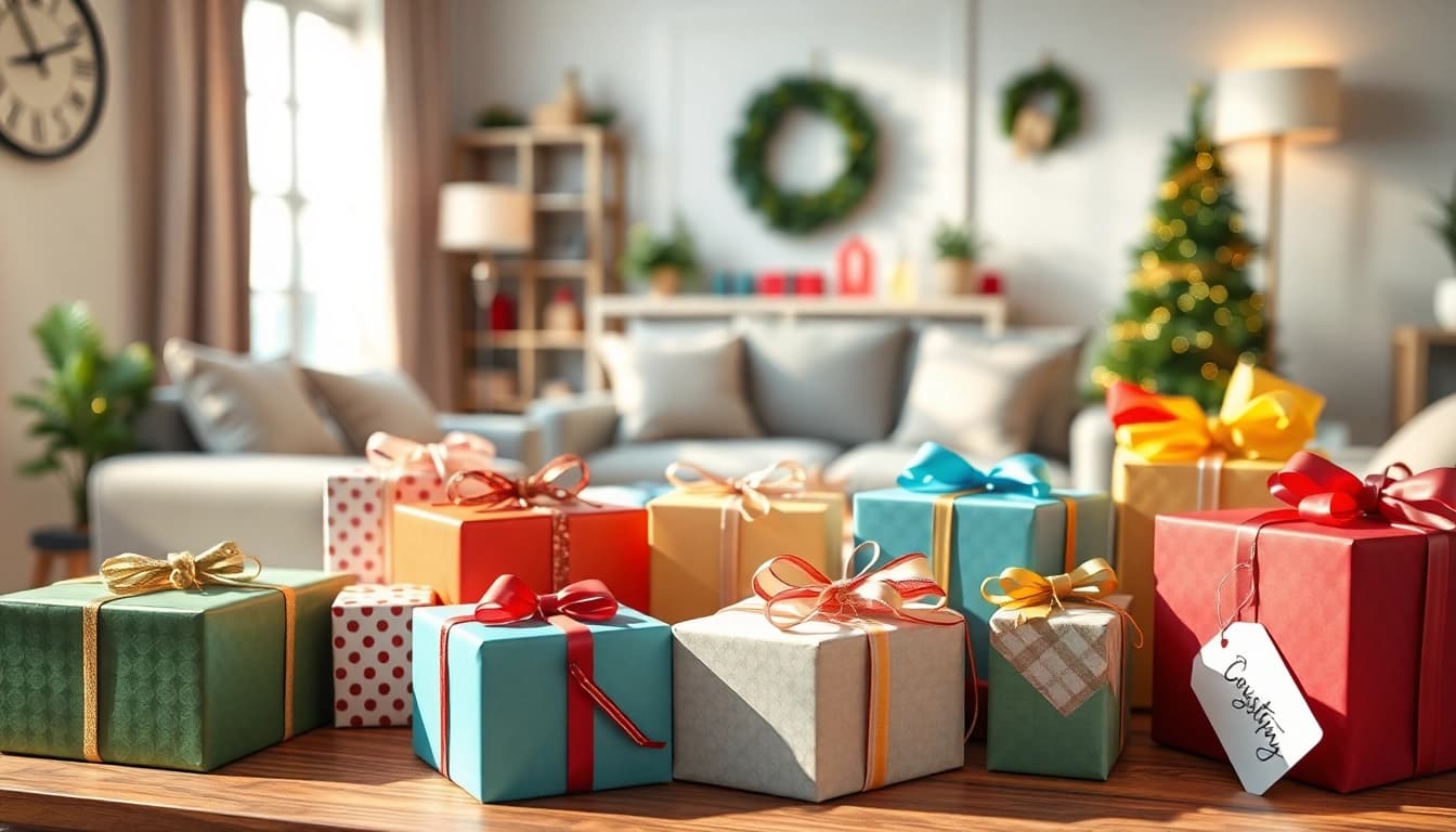 Besondere Geschenkideen auf einem stilvollen Tisch in gemütlichem Wohnzimmer
